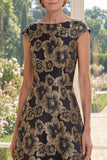 Black Floral A Line Bateau Neck Jacquard Long Mother Of the Bride Dress