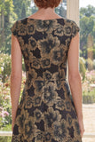 Black Floral A Line Bateau Neck Jacquard Long Mother Of the Bride Dress