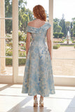 Blue Floral A Line Jacquard One Shoulder Mother Of the Bride Dress