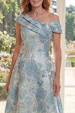 Blue Floral A Line Jacquard One Shoulder Mother Of the Bride Dress