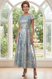 Blue A-Line Jacquard Bateau Neck Long Mother Of the Bride Dress