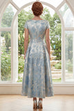 Blue A-Line Jacquard Bateau Neck Long Mother Of the Bride Dress