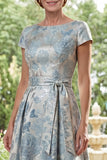 Blue A-Line Jacquard Bateau Neck Long Mother Of the Bride Dress
