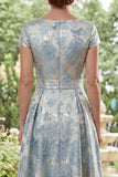 Blue A-Line Jacquard Bateau Neck Long Mother Of the Bride Dress
