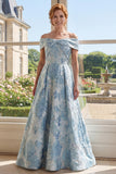 Off the Shoulder Blue A-Line Jacquard Long Mother Of the Bride Dress