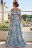 Off the Shoulder Blue A-Line Jacquard Long Mother Of the Bride Dress