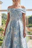 Off the Shoulder Blue A-Line Jacquard Long Mother Of the Bride Dress