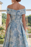 Off the Shoulder Blue A-Line Jacquard Long Mother Of the Bride Dress