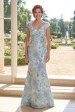 Blue Mermaid Jacquard V-Neck Ruched Long Mother Of the Bride Dress