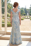 Blue Mermaid Jacquard V-Neck Ruched Long Mother Of the Bride Dress