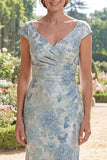 Blue Mermaid Jacquard V-Neck Ruched Long Mother Of the Bride Dress