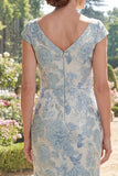 Blue Mermaid Jacquard V-Neck Ruched Long Mother Of the Bride Dress