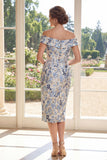 Dusty Blue Off the Shoulder Sheath Jacquard Midi Mother Of the Bride Dress