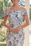 Dusty Blue Off the Shoulder Sheath Jacquard Midi Mother Of the Bride Dress