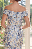 Dusty Blue Off the Shoulder Sheath Jacquard Midi Mother Of the Bride Dress