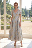 Dusty Blue A-Line V-Neck Jacquard Long Mother Of the Bride Dress with Puff Sleeves