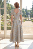 Dusty Blue A-Line V-Neck Jacquard Long Mother Of the Bride Dress with Puff Sleeves