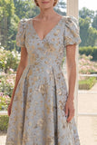 Dusty Blue A-Line V-Neck Jacquard Long Mother Of the Bride Dress with Puff Sleeves