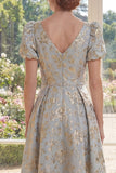 Dusty Blue A-Line V-Neck Jacquard Long Mother Of the Bride Dress with Puff Sleeves