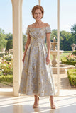 Dusty Blue Off the Shoulder A-Line Jacquard Ruched Long Mother Of the Bride Dress
