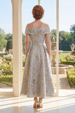 Dusty Blue Off the Shoulder A-Line Jacquard Ruched Long Mother Of the Bride Dress