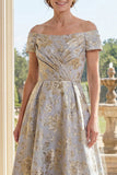Dusty Blue Off the Shoulder A-Line Jacquard Ruched Long Mother Of the Bride Dress