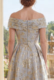 Dusty Blue Off the Shoulder A-Line Jacquard Ruched Long Mother Of the Bride Dress