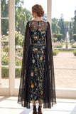 Black A-Line Embroidered Long Mother Of the Bride Dress with Cape Sleeves