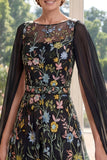 Black A-Line Embroidered Long Mother Of the Bride Dress with Cape Sleeves