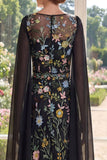 Black A-Line Embroidered Long Mother Of the Bride Dress with Cape Sleeves