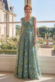 Green A-Line Embroidered V-Neck Long Mother Of the Bride Dress
