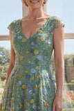 Green A-Line Embroidered V-Neck Long Mother Of the Bride Dress
