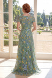 Green A-Line Short Sleeves Embroidered Mother Of the Bride Dress