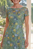 Green A-Line Short Sleeves Embroidered Mother Of the Bride Dress