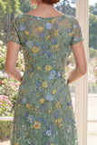 Green A-Line Short Sleeves Embroidered Mother Of the Bride Dress