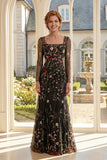 Black Floral A-Line Square Neck Mother Of the Bride Dress with Long Sleeves