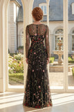 Black Floral A-Line Square Neck Mother Of the Bride Dress with Long Sleeves
