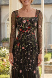 Black Floral A-Line Square Neck Mother Of the Bride Dress with Long Sleeves
