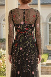 Black Floral A-Line Square Neck Mother Of the Bride Dress with Long Sleeves