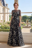 A-Line Black Floral Bateau Neck Sequins Mother Of the Bride Dress