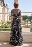 A-Line Black Floral Bateau Neck Sequins Mother Of the Bride Dress