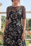 A-Line Black Floral Bateau Neck Sequins Mother Of the Bride Dress