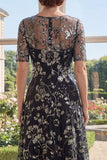 A-Line Black Floral Bateau Neck Sequins Mother Of the Bride Dress