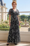 Black A-Line Floral V-Neck Printed Long Mother Of the Bride Dress