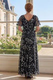 Black A-Line Floral V-Neck Printed Long Mother Of the Bride Dress