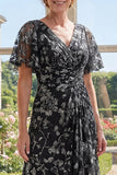 Black A-Line Floral V-Neck Printed Long Mother Of the Bride Dress