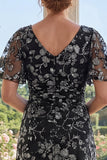 Black A-Line Floral V-Neck Printed Long Mother Of the Bride Dress