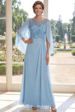 Light Blue Chiffon Sheath Long Mother Of the Bride Dress with Sequins