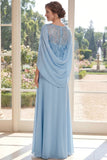 Light Blue Chiffon Sheath Long Mother Of the Bride Dress with Sequins