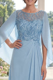 Light Blue Chiffon Sheath Long Mother Of the Bride Dress with Sequins